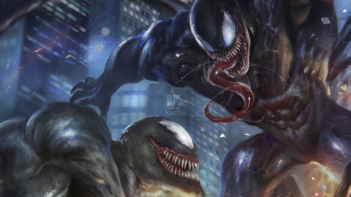 Venom from Marvel Comics fighting in a city