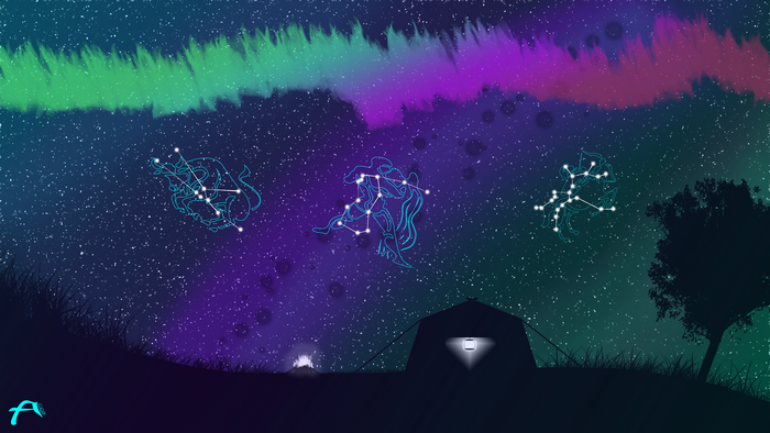 Taurus, Aquarius, and Sagittarius constellations under Aurora Borealis