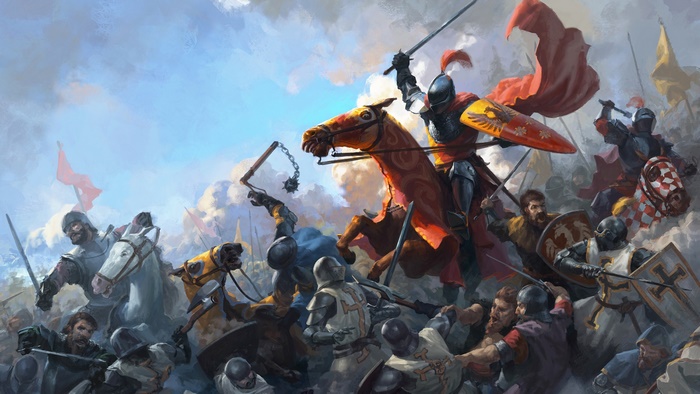 Knights in Armor Fighting on Horses with Swords