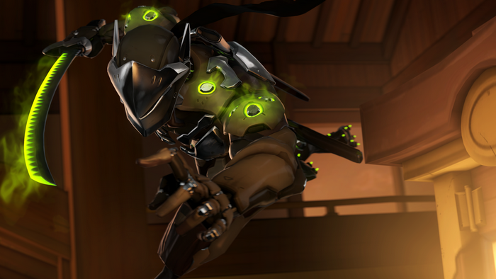 Genji from Overwatch with glowing green energy