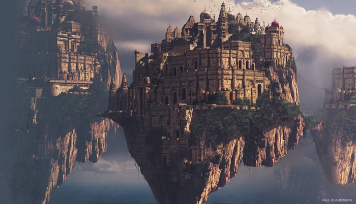 Floating islands with ancient cities in the sky