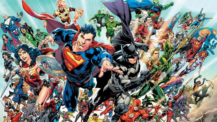 Justice League characters including Superman, Batman, and Wonder Woman