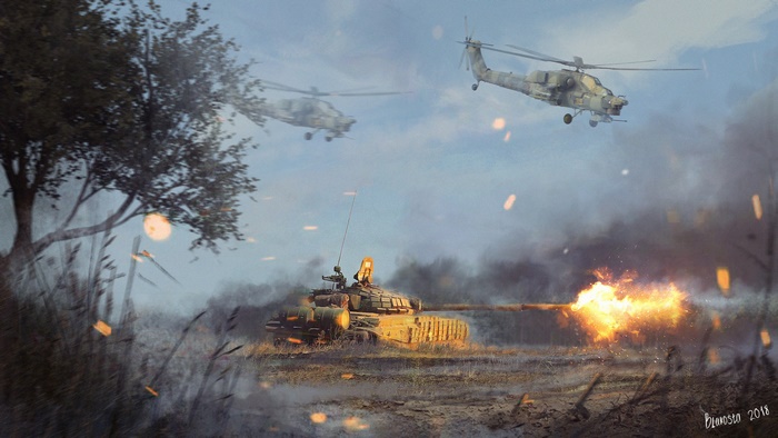 Mil Mi-28 and T-72 in combat