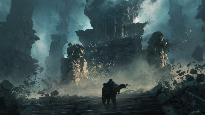Two figures walk through a crumbling fantasy ruin
