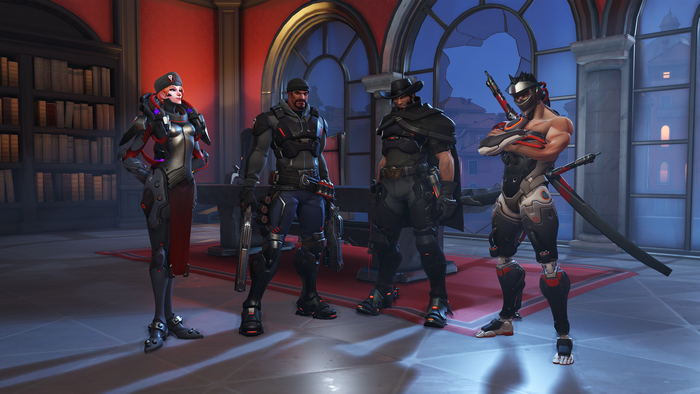 Overwatch characters Moira, Reaper, McCree, and Hanzo in a library