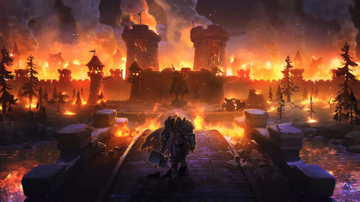 Arthas Menethil from Warcraft in a burning city