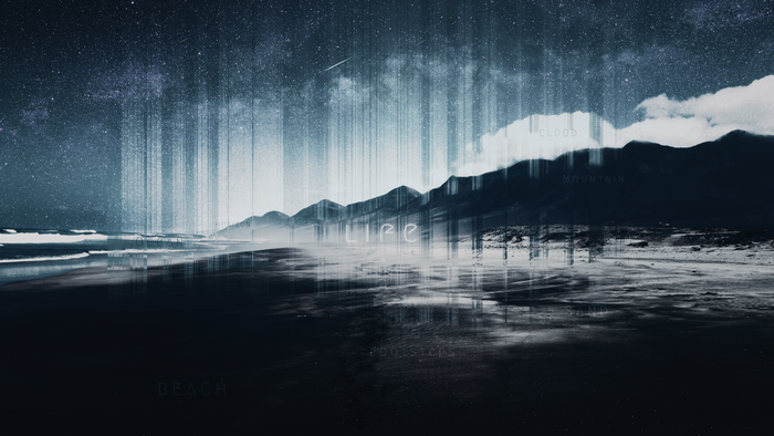 Dark beach with mountains and stars