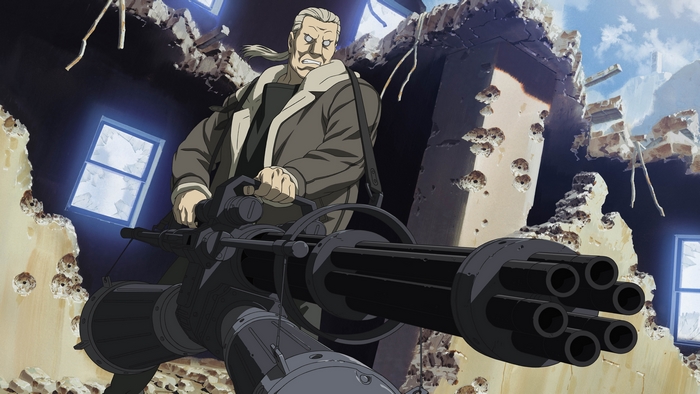 Batou from Ghost in the Shell with a Gatling gun