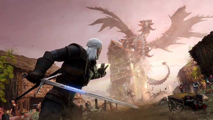 Geralt of Rivia fighting a dragon in The Witcher 3