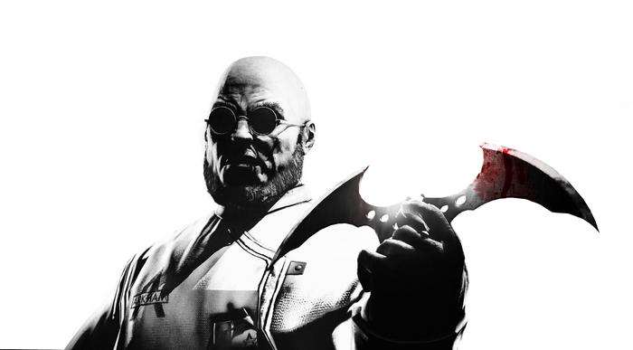 Hugo Strange from Batman: Arkham holding a bloody weapon