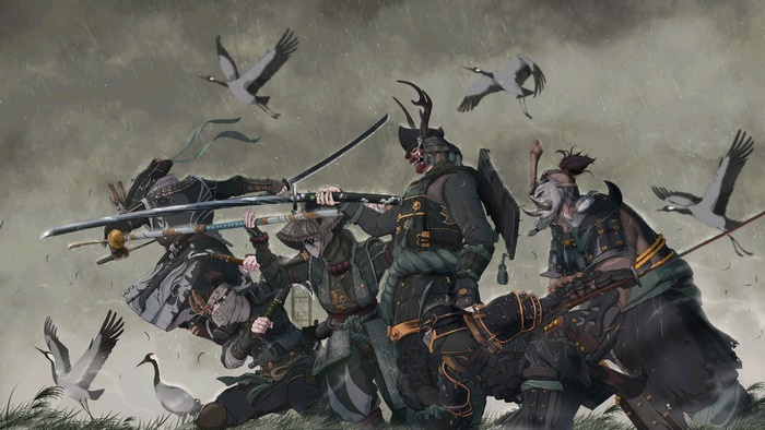 Samurai warriors in battle with cranes flying overhead