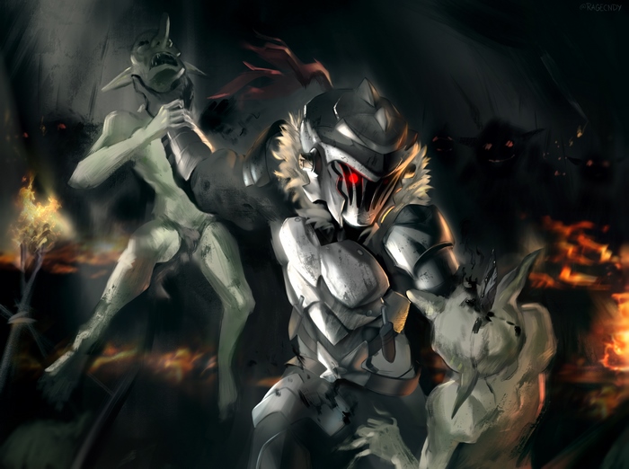Goblin Slayer fighting goblins in a dark cave