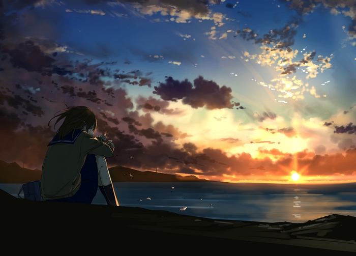 Girl in School Uniform Watching the Sunset Over the Ocean