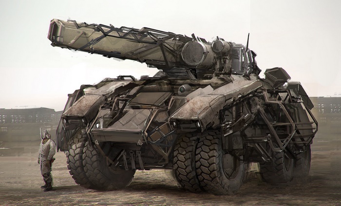 Futuristic military vehicle with large cannon and soldier
