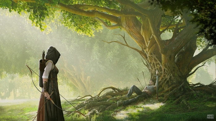 Archer woman and man resting under a large tree