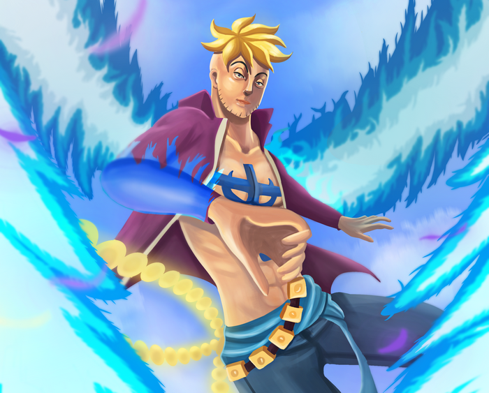 Marco from One Piece with blue phoenix wings