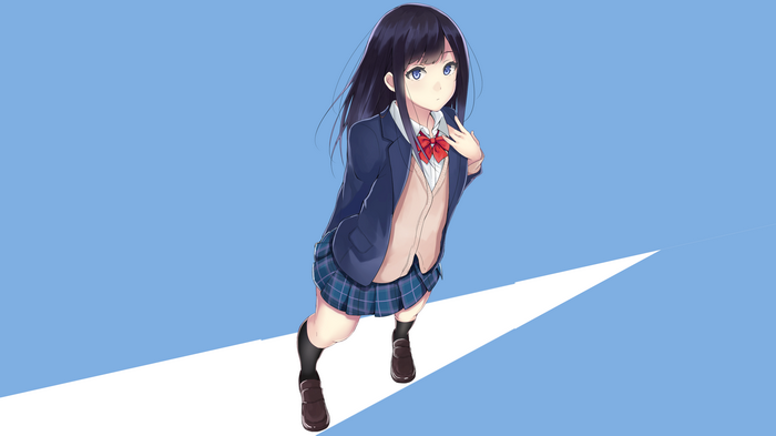 Anime girl with black hair and blue eyes in school uniform