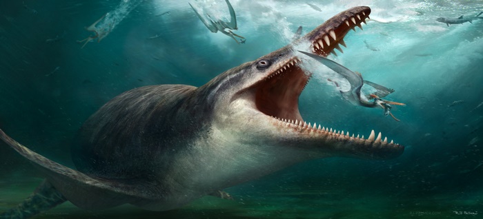 Mosasaurus eating a Pterosaur in the ocean