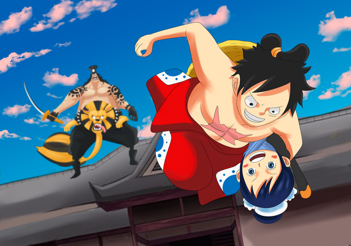 Monkey D. Luffy holding O-Tama from One Piece with Holdem in background