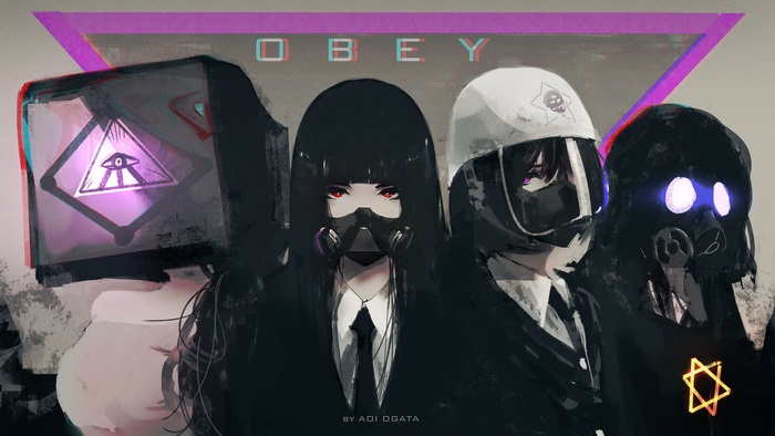 Four figures in gas masks and dark clothing