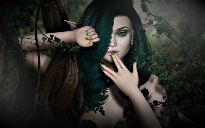 Fairy woman with green hair in a forest