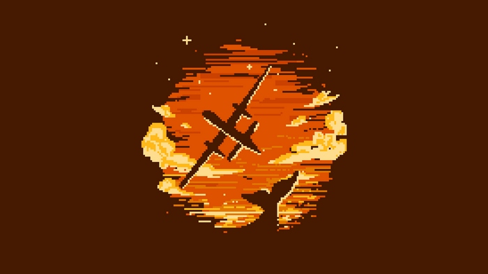Pixel art airplane in sunset sky