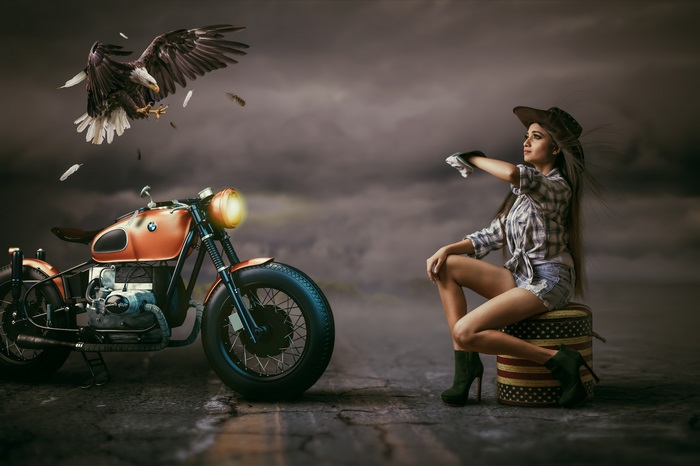 Woman with Eagle and BMW Motorcycle