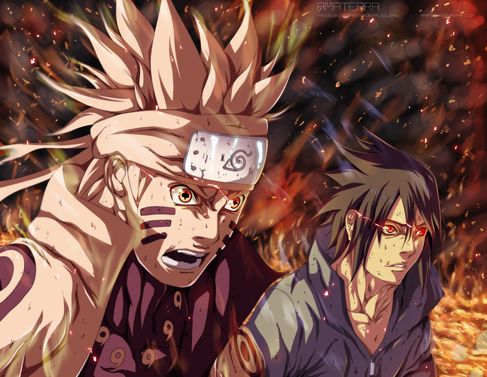 Naruto and Sasuke with Sharingan Eyes Amidst Flames