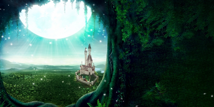 Fantasy castle in a magical forest under a large moon