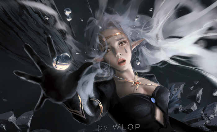 Elf woman reaching out with water droplets