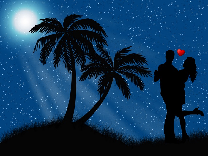 Couple dancing under the moonlight with palm trees