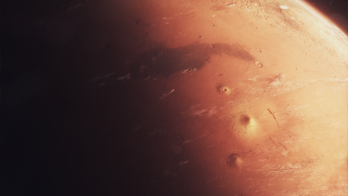 Mars planet surface with craters and clouds