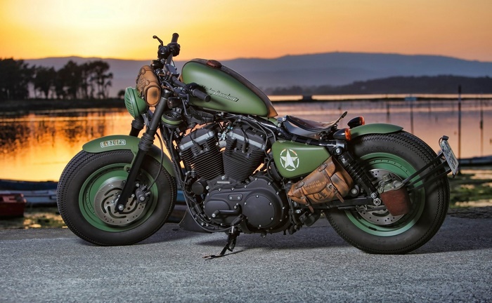 Olive green custom Harley-Davidson motorcycle at sunset