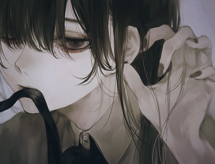 Melancholic Girl with Long Dark Hair and Ribbon