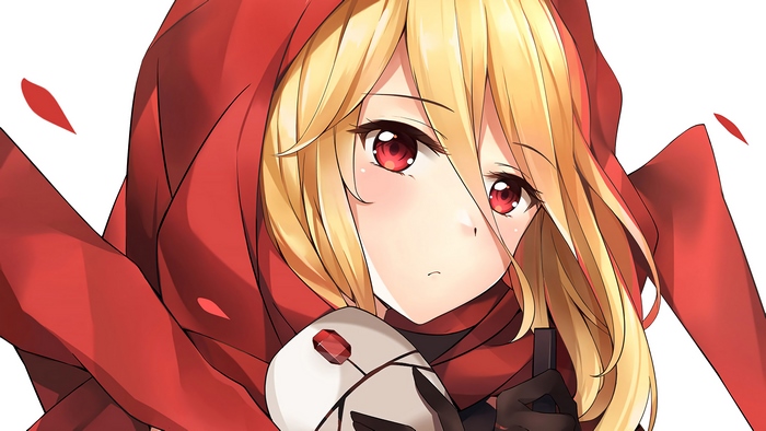 Evileye from Overlord wearing a red hood and mask