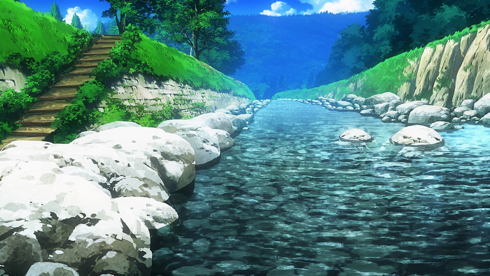 Anime landscape with a stream and stairs