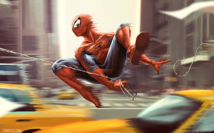 Spider-Man swinging through New York City