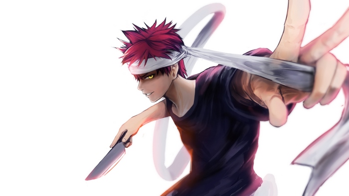 Sōma Yukihira Determined Chef with Knife and Red Hair
