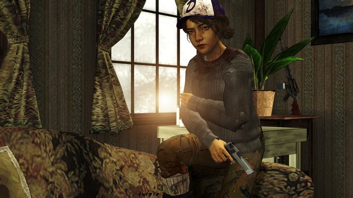 Clementine from The Walking Dead holding a gun