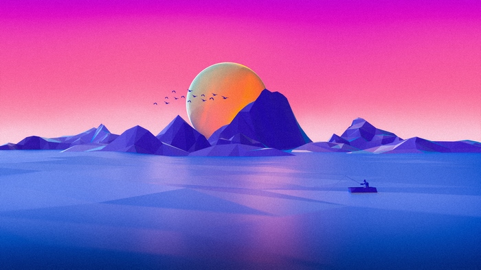 Minimalist sunset over water with mountains and a lone fisherman