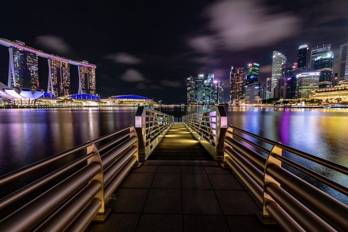 Singapore Marina Bay at Night with Cityscape and Marina Bay Sands