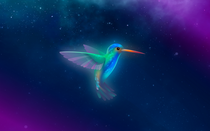 Hummingbird in a starry, cosmic background