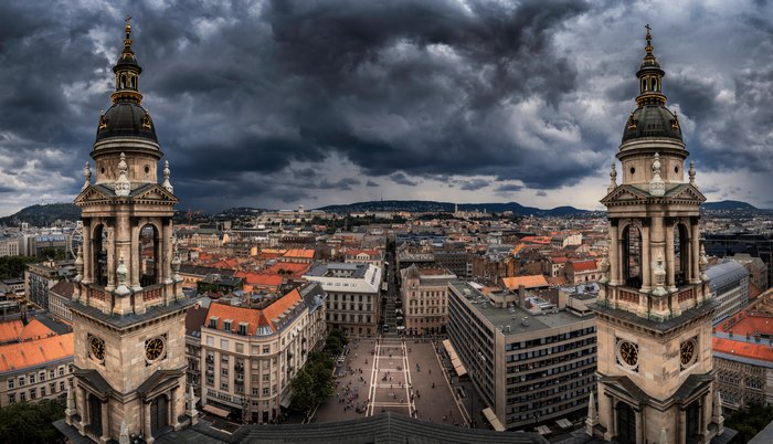 Aerial view of Budapest with St. Stephen's Basilica towers