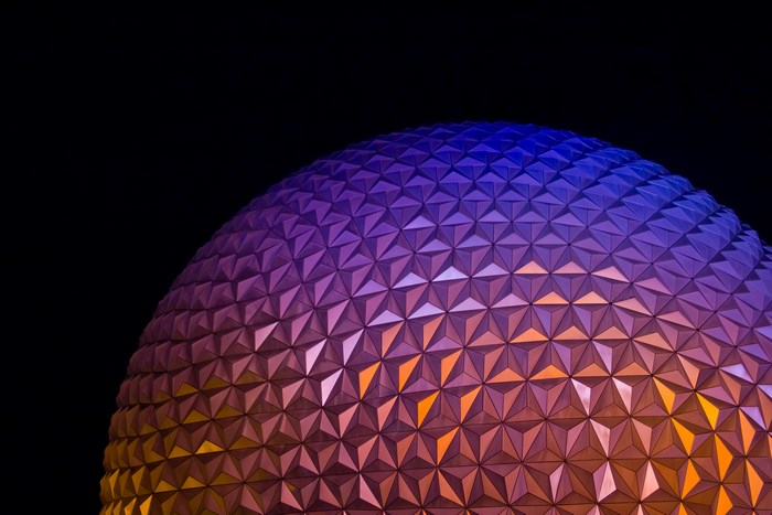Epcot Spaceship Earth geodesic dome at night
