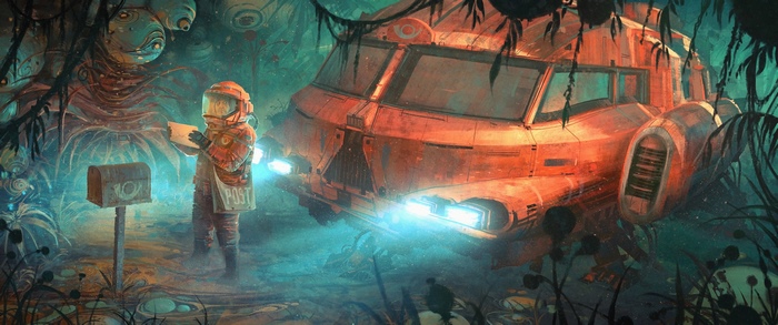 Astronaut delivering mail to a spaceship in a jungle