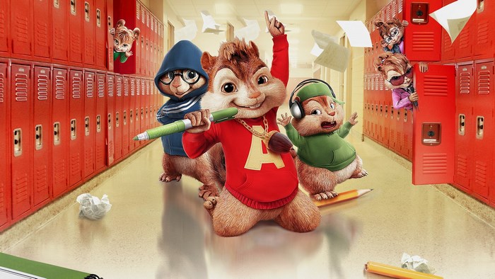 Alvin and the Chipmunks in a school hallway