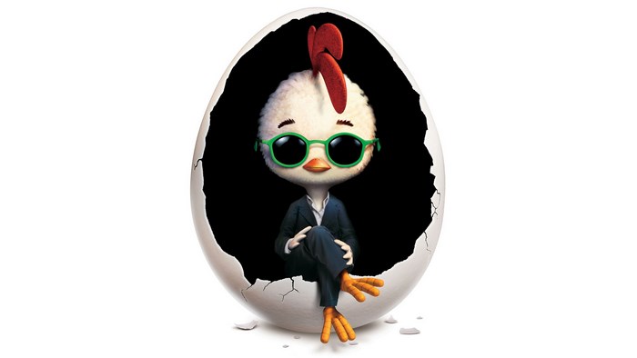Chicken Little sitting in a cracked egg