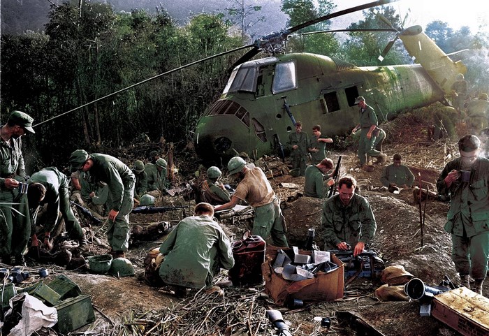 Vietnam War Soldiers Around Downed Helicopter