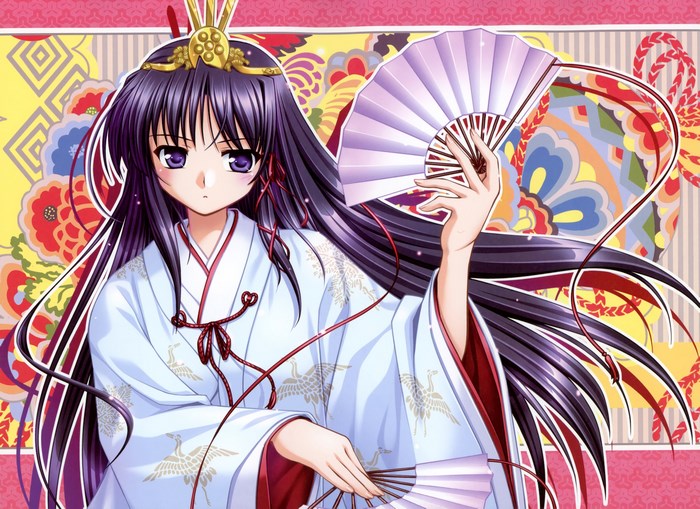 Anime girl in traditional Japanese attire holding a fan