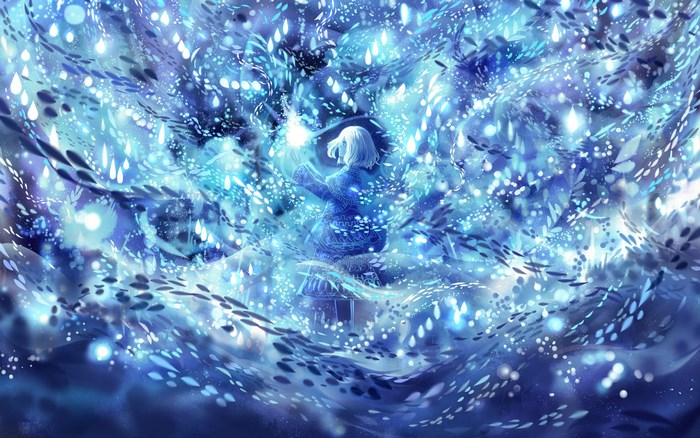 Girl surrounded by glowing blue particles and leaves